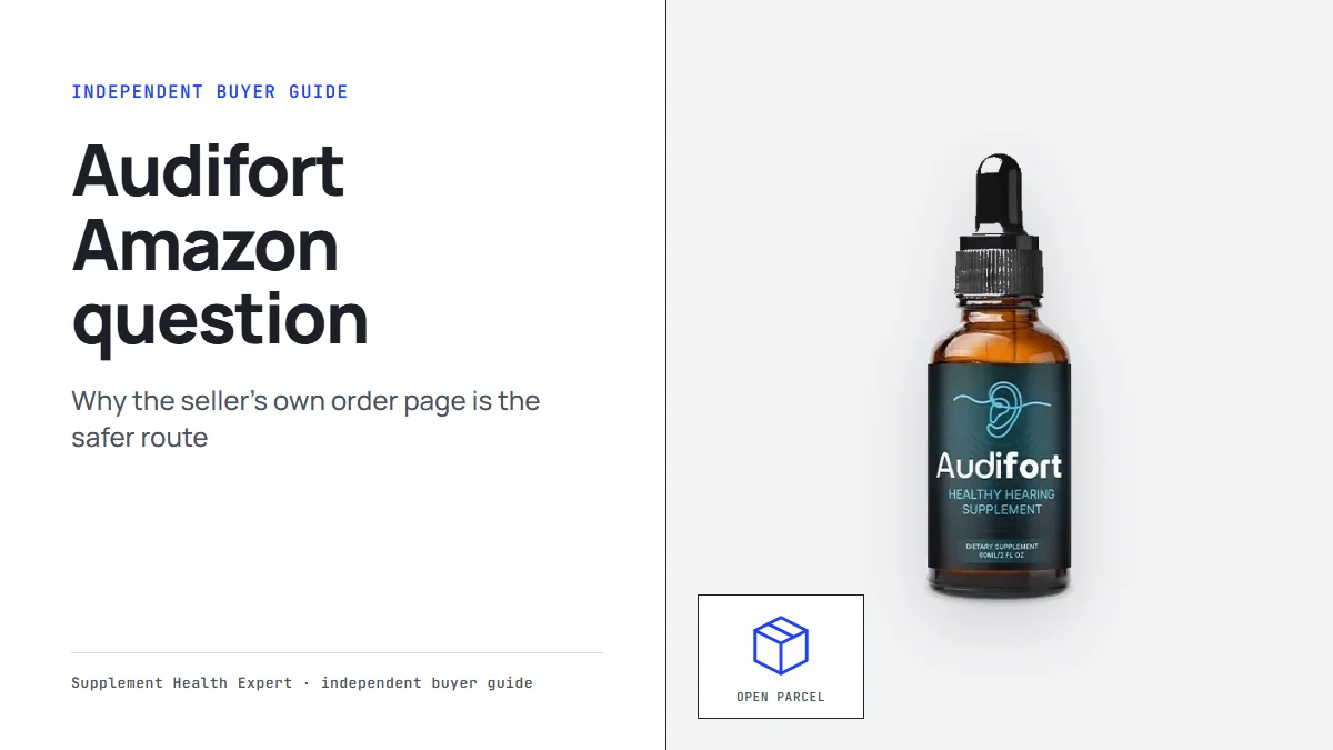 Audifort amazon question: the Audifort dropper bottle beside an open parcel icon on a clean buyer guide graphic