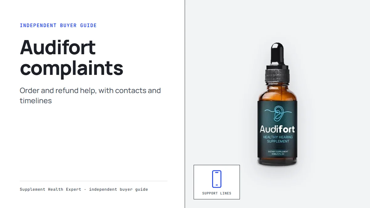 Audifort complaints: the Audifort dropper bottle beside a phone icon labeled Support lines on a clean graphic