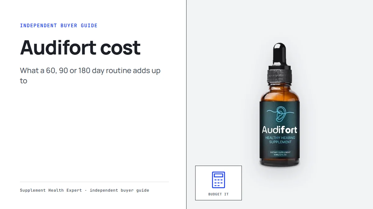 Audifort cost: the Audifort dropper bottle beside a calculator icon labeled Budget it on a clean graphic