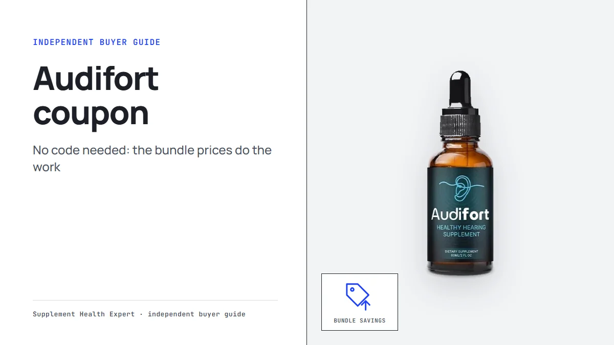 Audifort coupon: the Audifort dropper bottle beside a tag icon labeled Bundle savings on a clean graphic