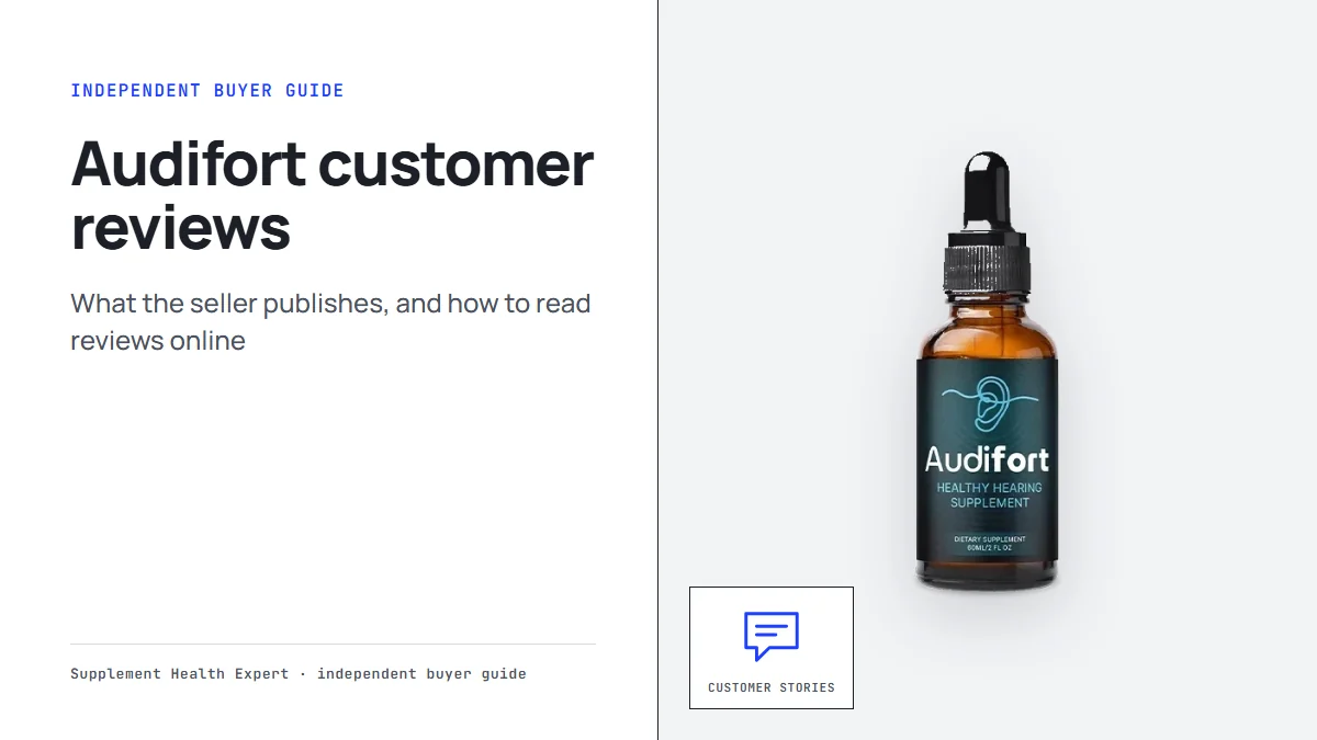 Audifort customer reviews: the Audifort dropper bottle beside a speech bubble icon labeled Customer stories