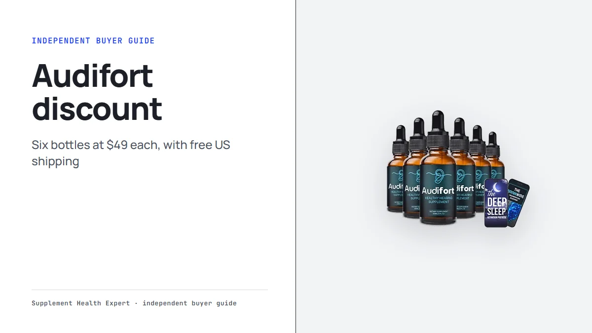 Audifort discount: the six-bottle Audifort package at $49 per bottle with free US shipping