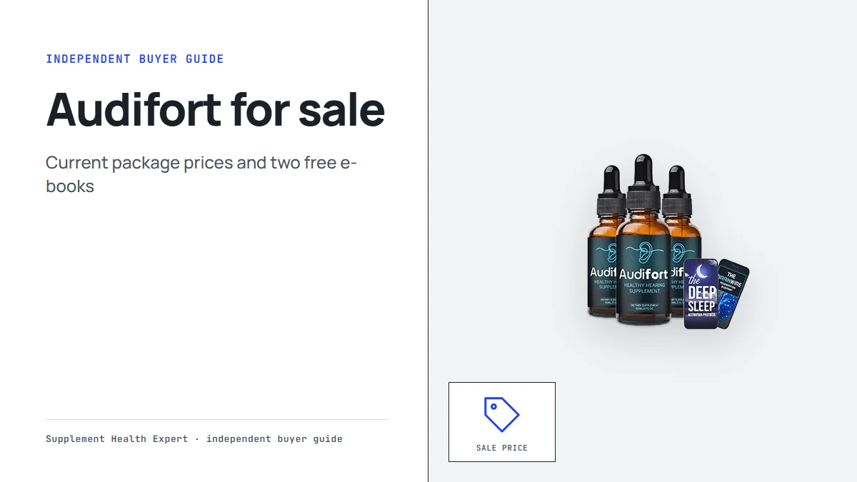 Audifort for sale: the three-bottle Audifort package beside a price tag icon labeled Sale price on a clean graphic