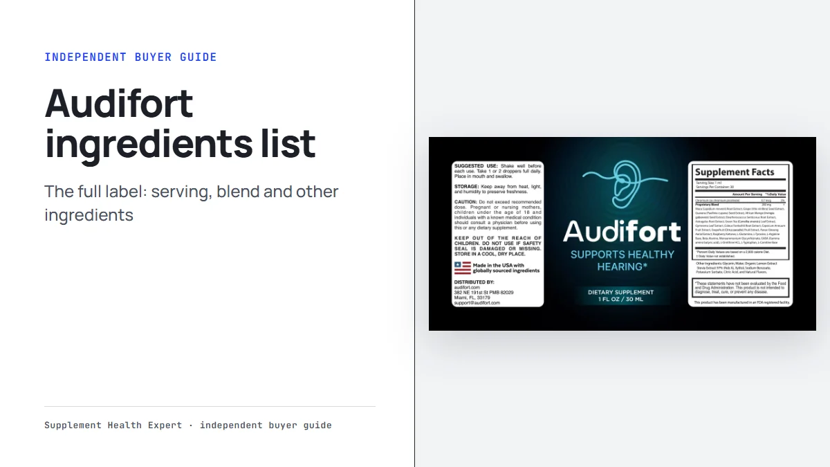 Audifort ingredients list: the full Audifort bottle label with Supplement Facts, directions and cautions