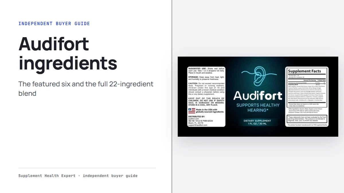 Audifort ingredients: the Audifort label panel showing the Supplement Facts and the headline Audifort ingredients