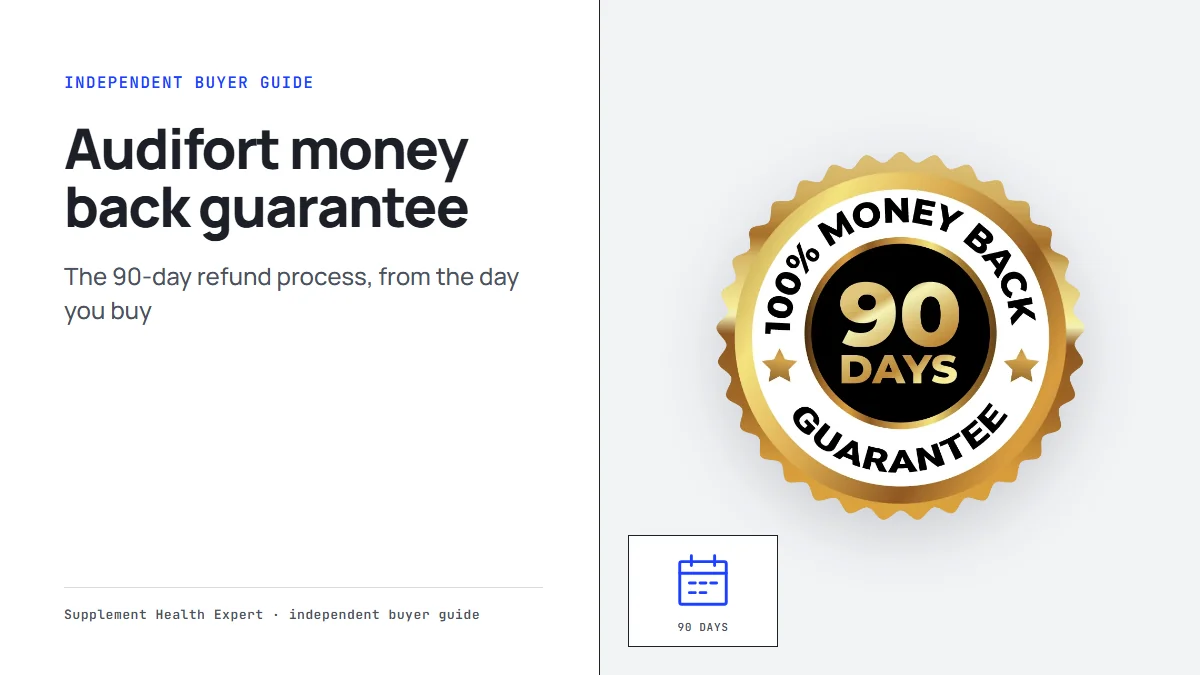 Audifort money back guarantee: a 90-day guarantee seal beside a calendar icon labeled 90 days on a clean graphic