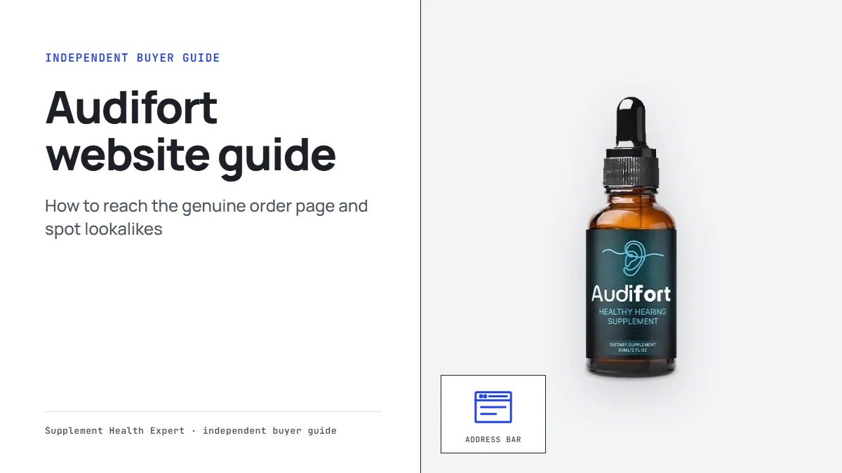 Audifort official website guide: the Audifort dropper bottle beside a browser window icon labeled Address bar