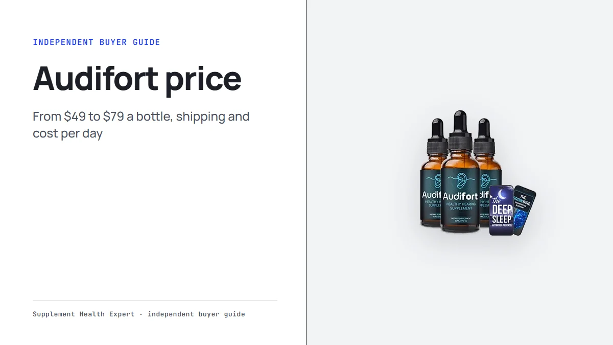 Audifort price: a graphic with the three-bottle Audifort package and the headline Audifort price