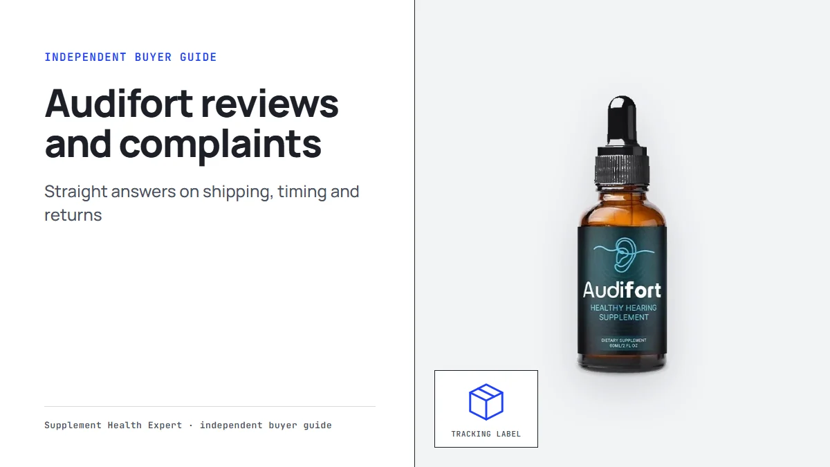Audifort reviews and complaints: the Audifort dropper bottle beside a parcel icon labeled Tracking label and the headline