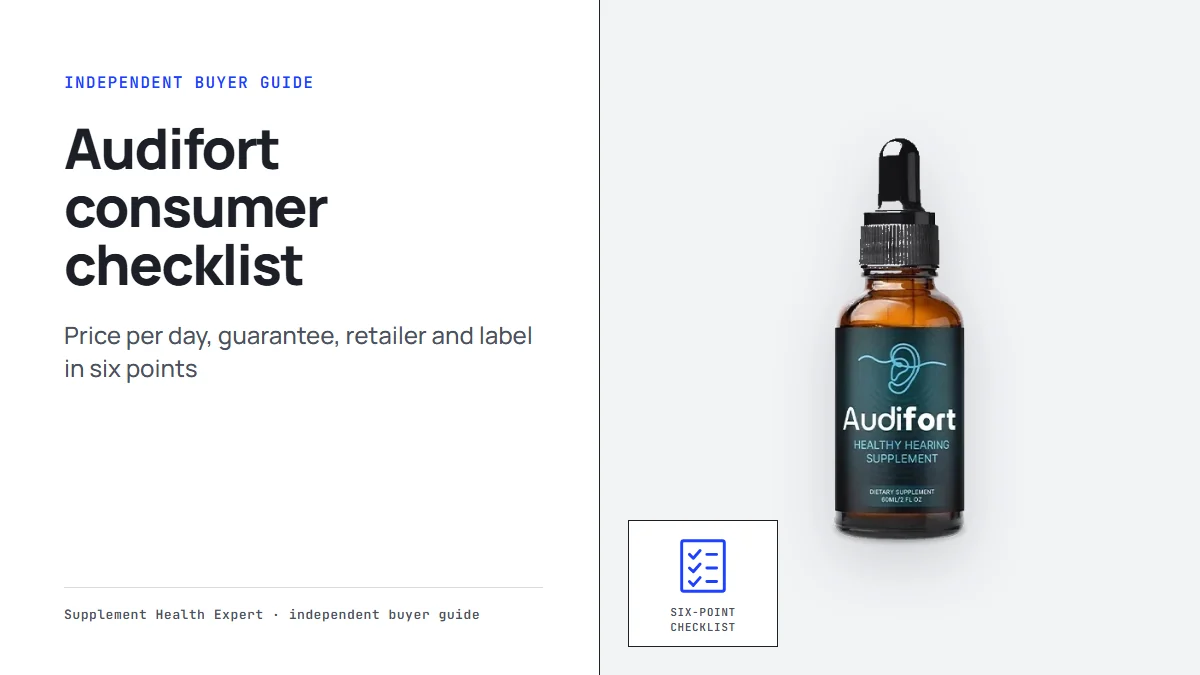 Audifort reviews consumer reports: the Audifort dropper bottle beside a checklist icon labeled Six-point checklist