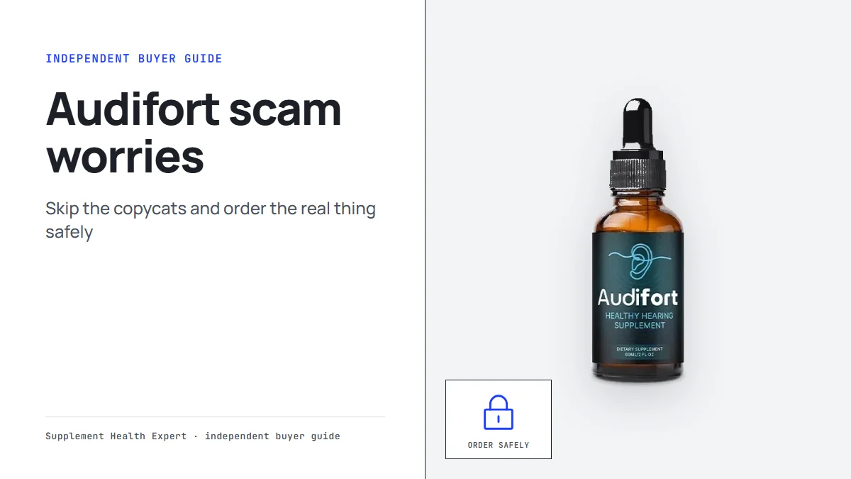 Audifort scam worries: the Audifort dropper bottle beside a padlock icon labeled Order safely on a clean graphic