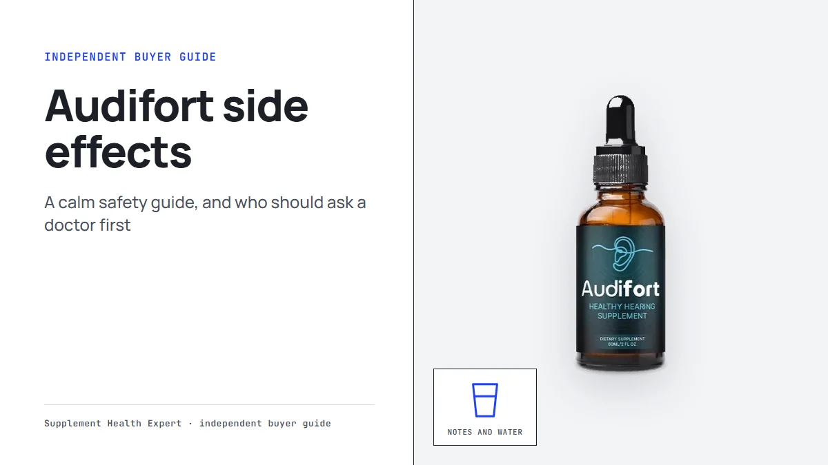 Audifort side effects: the Audifort dropper bottle beside a glass icon labeled Notes and water on a clean graphic