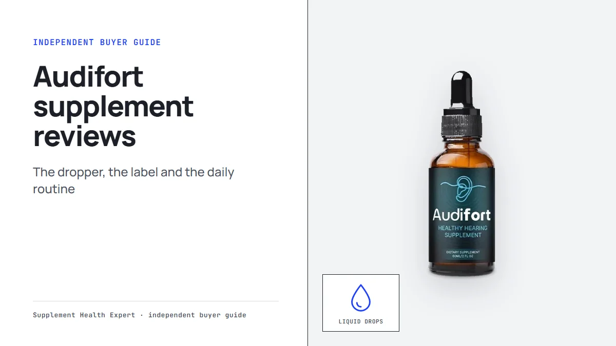 Audifort supplement reviews: the Audifort dropper bottle with a droplet icon labeled Liquid drops