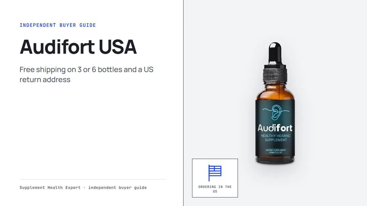 Audifort USA: the Audifort dropper bottle beside a flag icon labeled Ordering in the US on a clean graphic