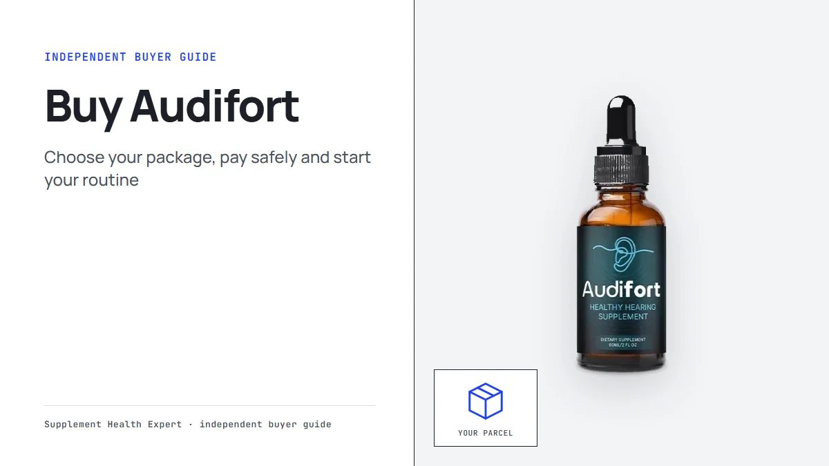 Audifort bottle graphic with the headline Buy Audifort and a parcel icon labeled Your parcel