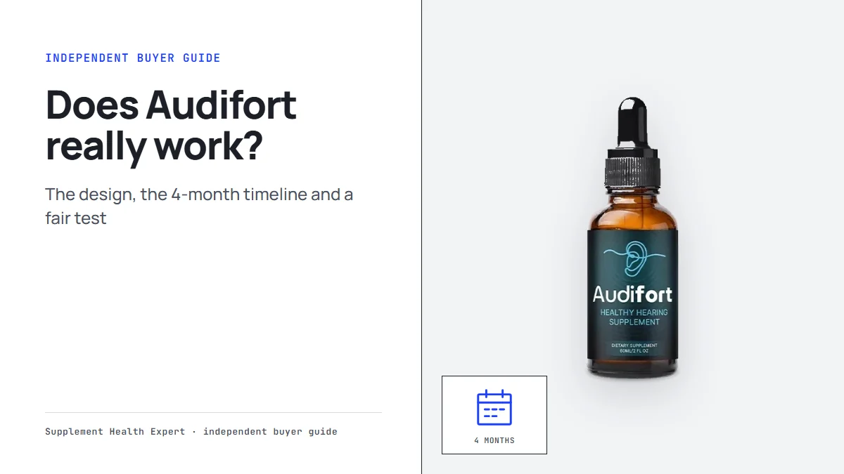 Audifort bottle on a clean graphic with the headline Does Audifort really work? and a four-month timeline