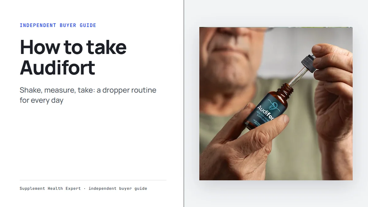 Audifort dropper held above the bottle, with the headline How to take Audifort on a clean graphic