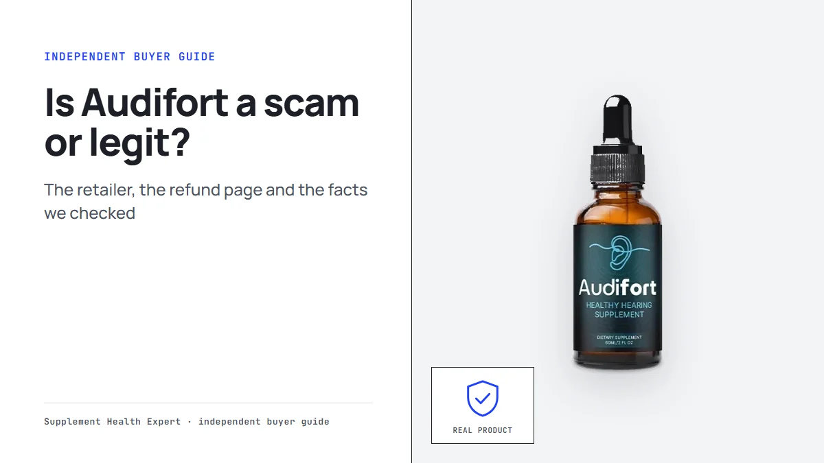 Audifort bottle with the headline Is Audifort a scam or legit? on a clean buyer guide graphic with a shield icon