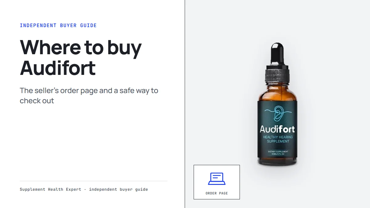 Audifort bottle graphic with the headline Where to buy Audifort and a laptop icon labeled Order page
