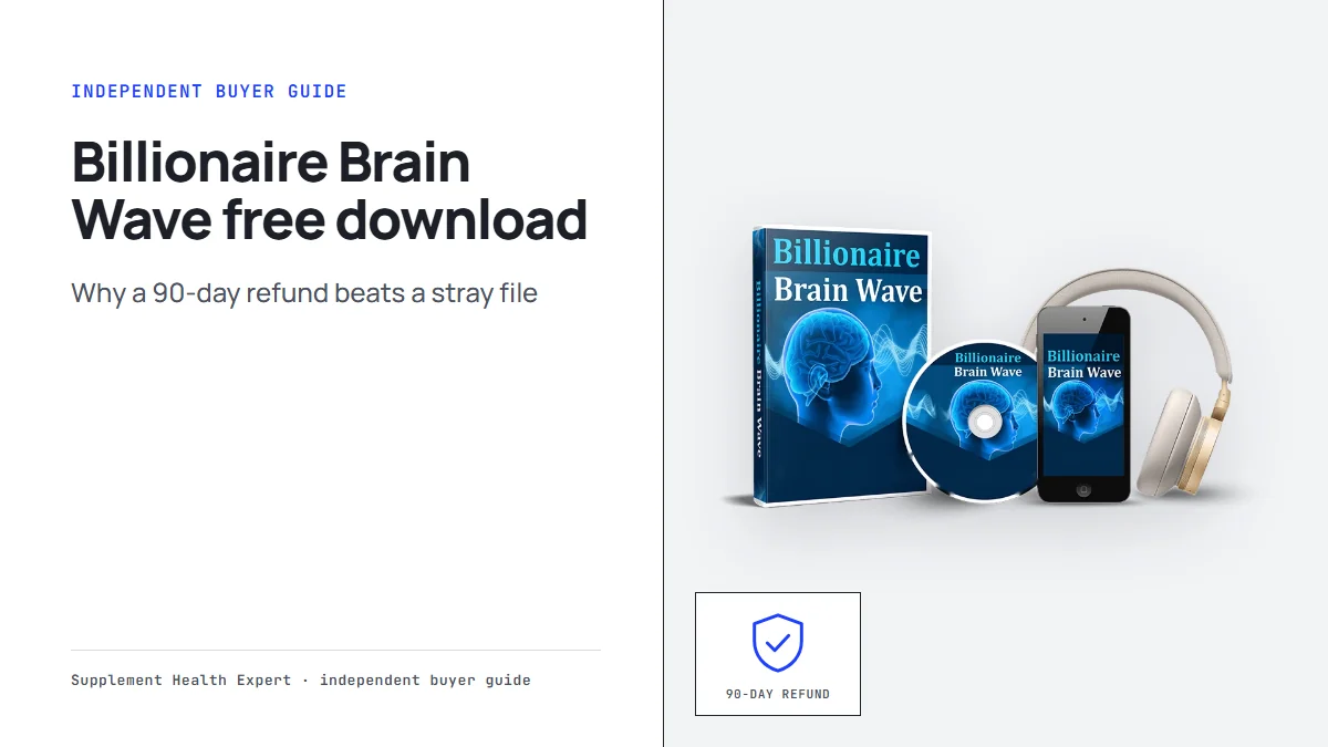 Billionaire Brain Wave free download guide: the seller's mockup of a book box, disc, phone and headphones