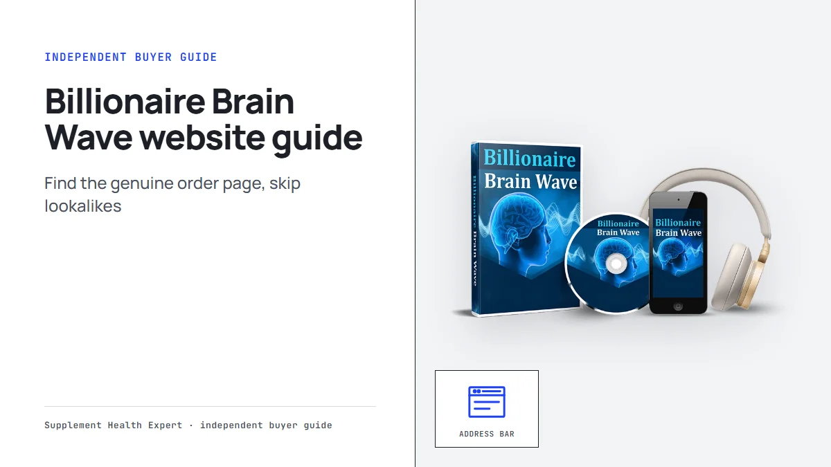 Billionaire Brain Wave official website guide: the seller's mockup of a book box, disc, phone and headphones