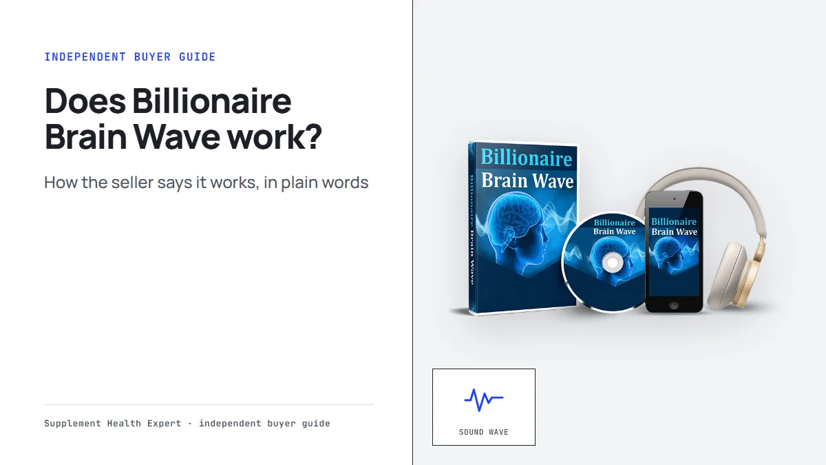 Does Billionaire Brain Wave work: the seller's mockup of a book box, disc, phone and headphones for a digital audio
