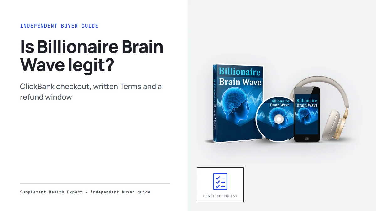 Is Billionaire Brain Wave legit: the seller's mockup of a book box, disc, phone and headphones for a digital audio