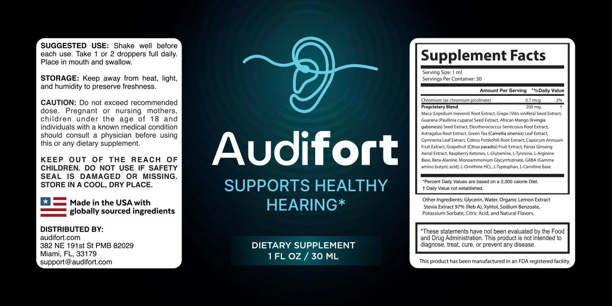Audifort label showing the suggested use, the Supplement Facts panel and the distributor details