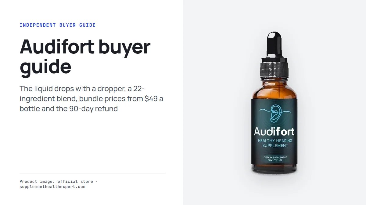 Audifort bottle beside the title Audifort buyer guide on a light grey panel