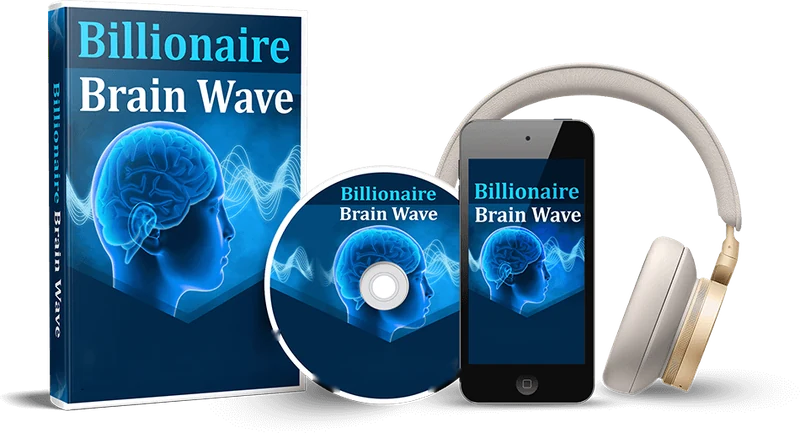 The seller's mockup for Billionaire Brain Wave (book box, disc, phone, headphones); the product is a digital audio