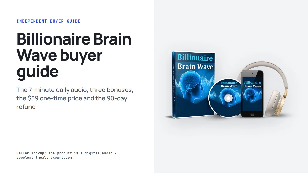 Billionaire Brain Wave buyer guide card beside the seller's mockup of a book box, disc, phone and headphones