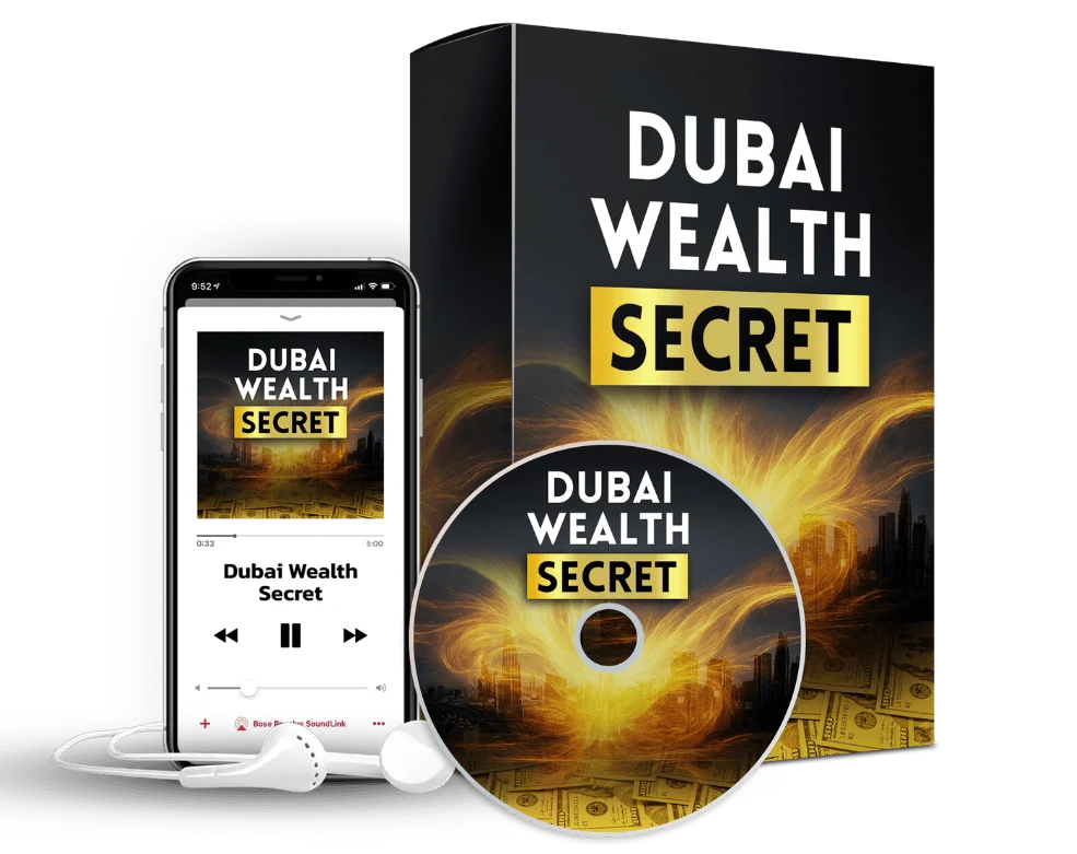 The seller's mockup for Dubai Wealth Secret (box, disc, phone and earbuds); the product itself is a digital audio track