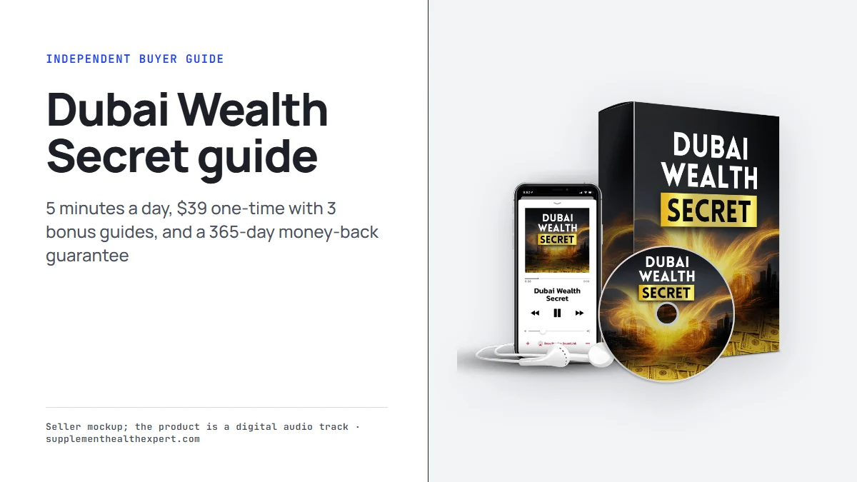 Dubai Wealth Secret product mockup from the seller beside the title Dubai Wealth Secret buyer guide