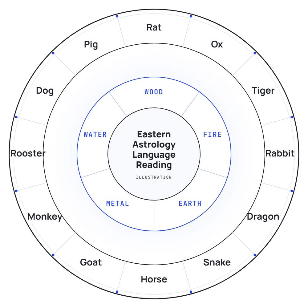 Our own illustration of an Eastern astrology chart wheel with the 12 zodiac animals and five elements (not the seller's)