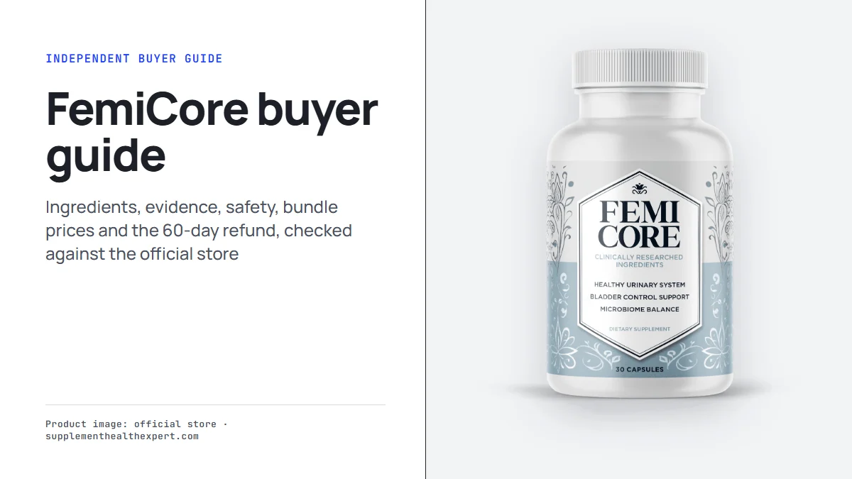 FemiCore supplement bottle on a light grey panel beside the title FemiCore buyer guide