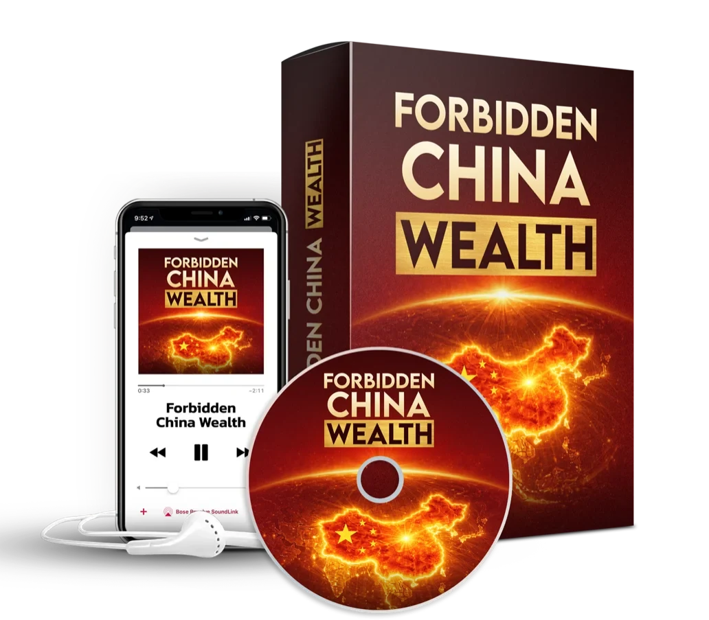 The seller's mockup for Forbidden China Wealth (box, phone, disc and earbuds); the product itself is a digital audio track