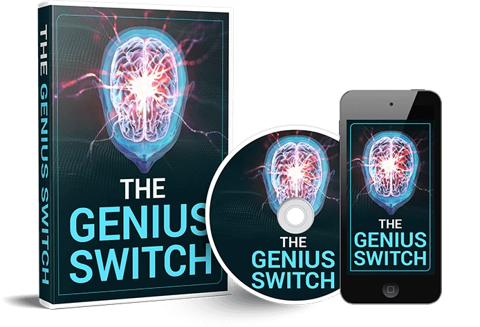 The seller's product mockup for The Genius Switch: a box, a disc and a phone screen (the product itself is a digital audio file)