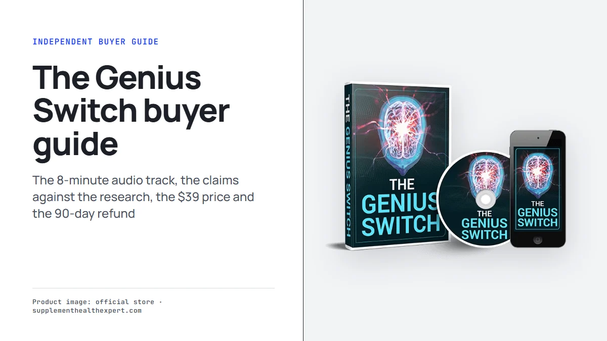The Genius Switch product mockup with a box, a disc and a phone, beside the title The Genius Switch buyer guide