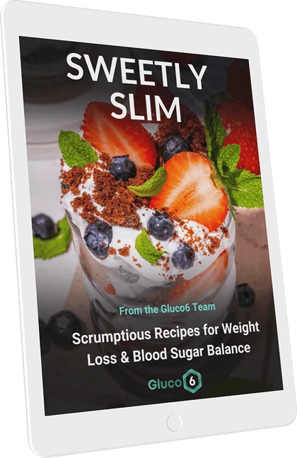 Gluco6 bonus e-book Sweetly Slim cover on a tablet, included with 3 and 6 bottles