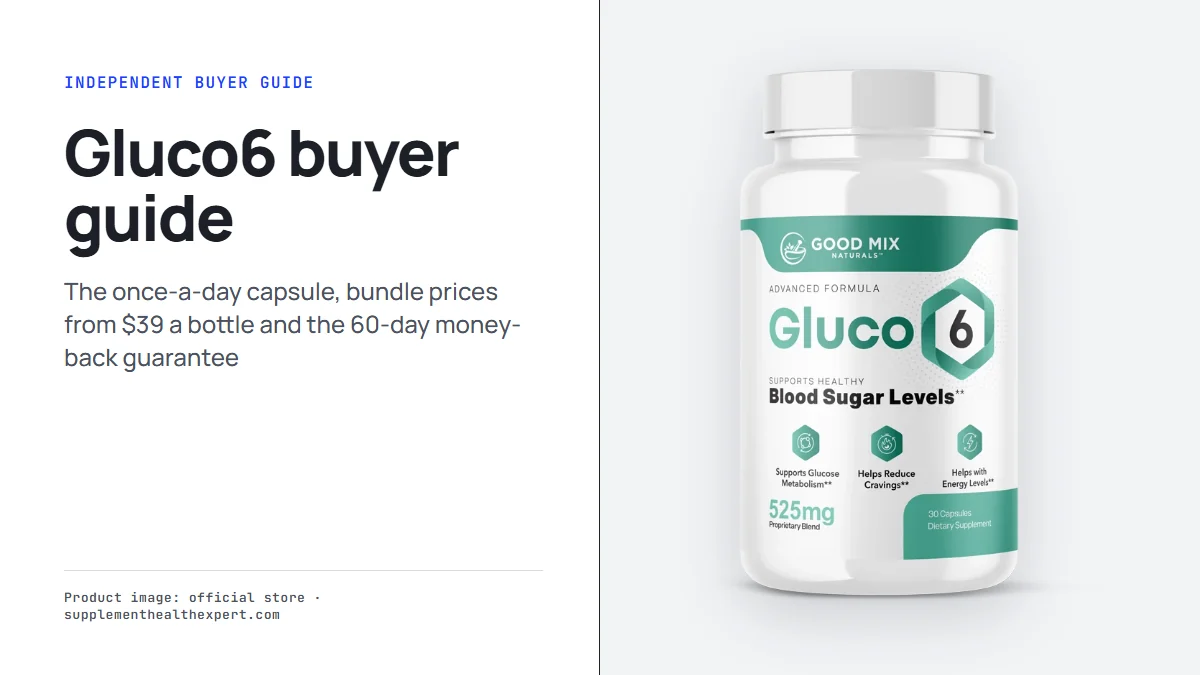 Gluco6 bottle beside the title Gluco6 buyer guide on a light gray panel