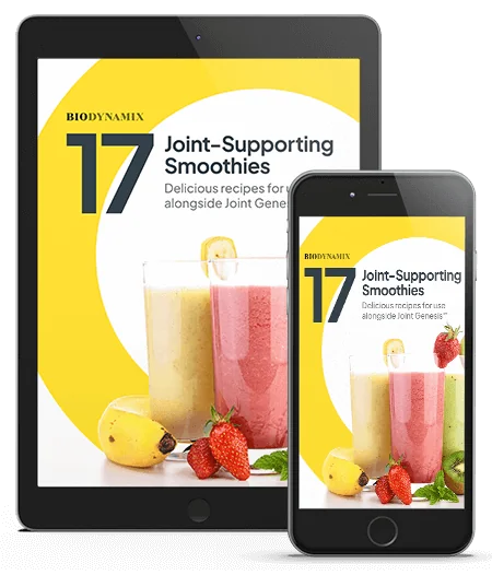 Joint Genesis bonus e-book 1: 17 Joint-Supporting Smoothies cover on a tablet and a phone