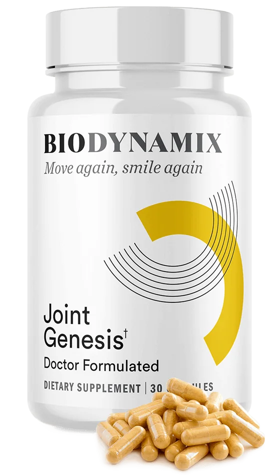 Joint Genesis bottle with the BioDynamix label and a pile of capsules, from the official website