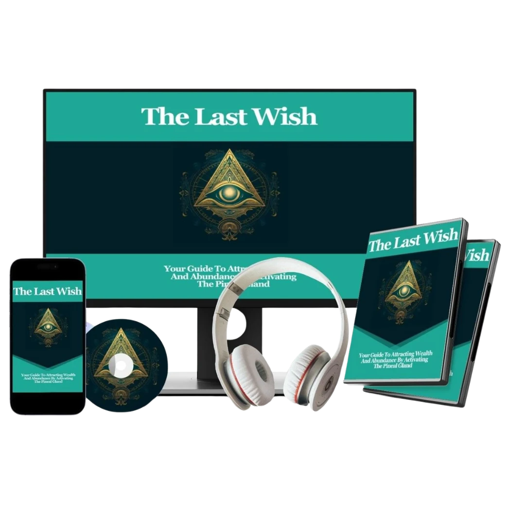 The seller's mockup for The Last Wish: a screen, phone, headphones and disc cases (the product is digital audio)