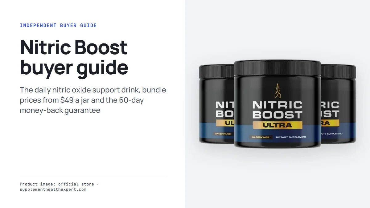 Three Nitric Boost jars beside the title Nitric Boost buyer guide on a light gray panel