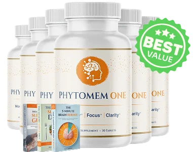 Phytomem One discount: the six-bottle Phytomem One bundle priced at $49 per bottle, shown with the free e-books