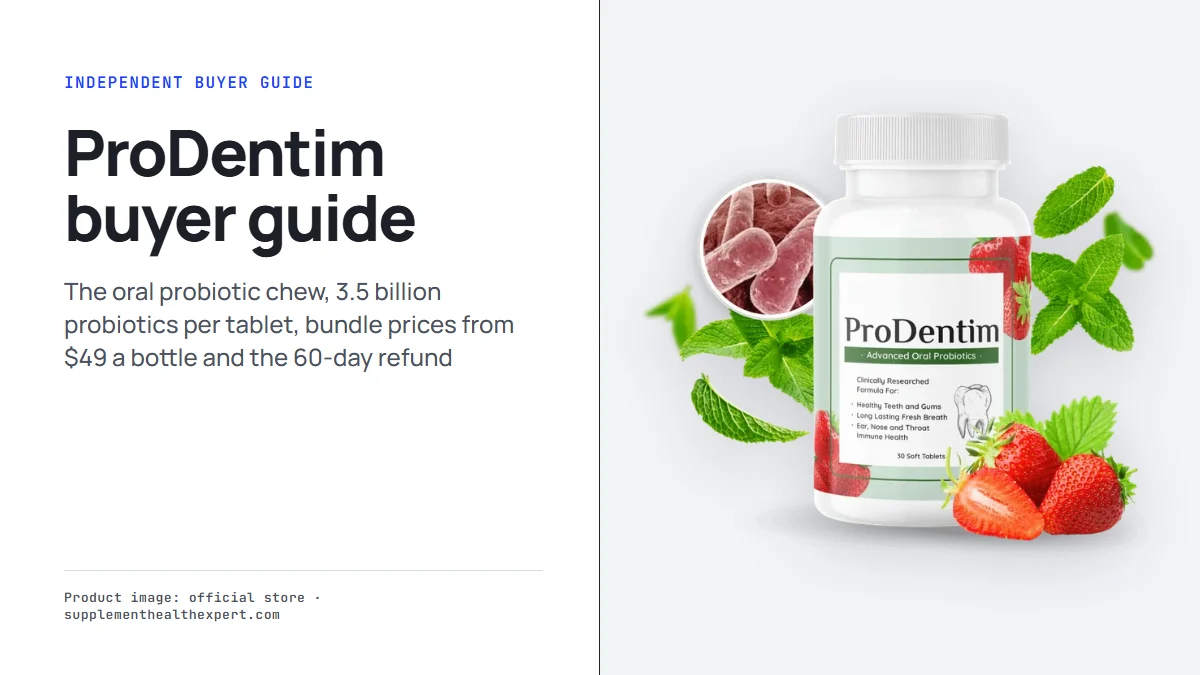 ProDentim bottle beside the title ProDentim buyer guide on a light grey panel
