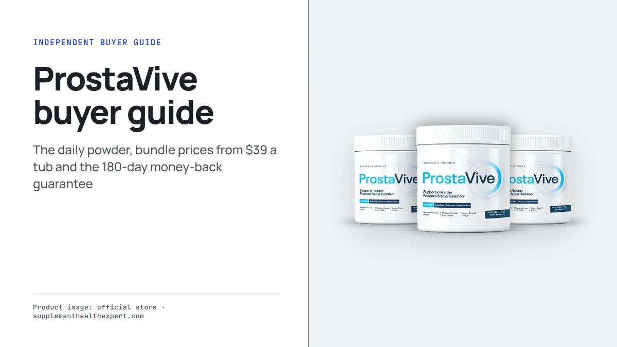 ProstaVive tubs beside the title ProstaVive buyer guide on a light gray panel