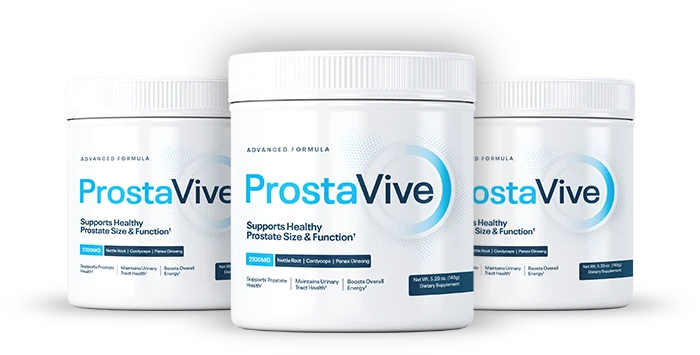 Three ProstaVive tubs of powder drink mix, from the official website