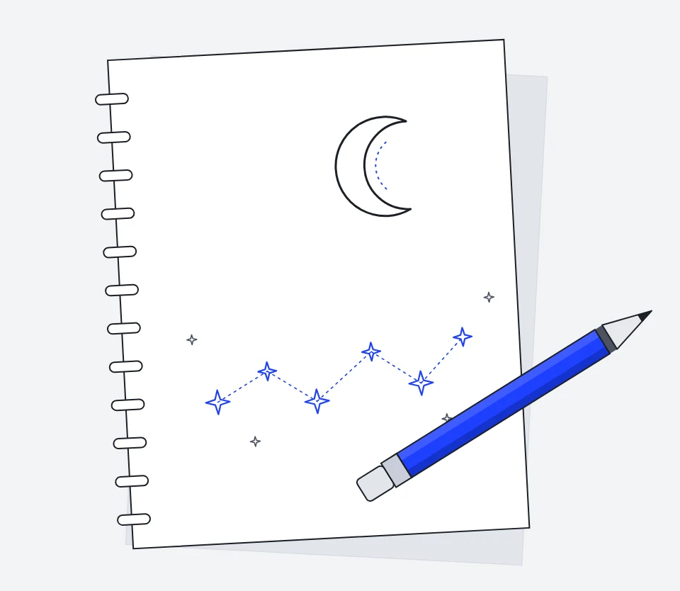 Tara Lunar's Soulmate Sketch guide: our own sketchbook illustration with a pencil, moon and stars, not the seller's image