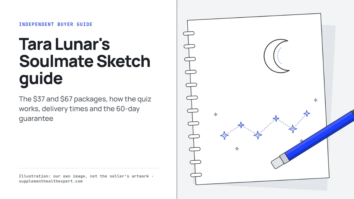 Our own illustration of a sketchbook, pencil, moon and stars beside the title Tara Lunar's Soulmate Sketch guide